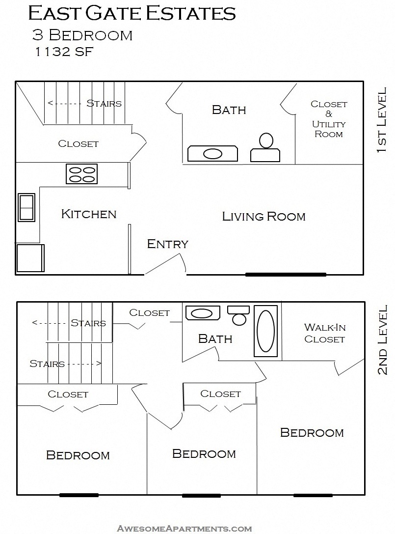 Floor plan for 3 beds, 1.5 baths, 1132 sqft